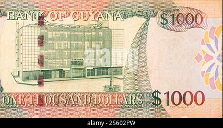 Ein Teil des braunen Guyana-1000-Dollar-Banknotenfragments aus nächster Nähe. Teil des braunen Guyana-1000-Dollar-Banknotenfragments Stockfoto