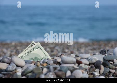 Hundert Dollar, die zur Hälfte mit runden Felsen bedeckt sind, liegen am Strand aus nächster Nähe. Dollarscheine teilweise in Küstensteinen vergraben. Konzept Finanzierung Geld Urlaub Stockfoto