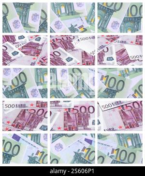 Eine Collage aus vielen Bildern von Hunderte von Dollar und Euro Rechnungen in einem Haufen Lügen Stockfoto