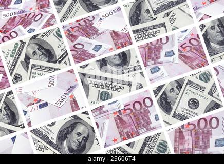 Eine Collage aus vielen Bildern von Euro-banknoten in Stückelungen von 100 und 500 Euro im Heap liegen Stockfoto