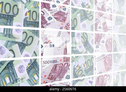 Eine Collage aus vielen Bildern von Hunderte von Dollar und Euro Rechnungen in einem Haufen Lügen Stockfoto