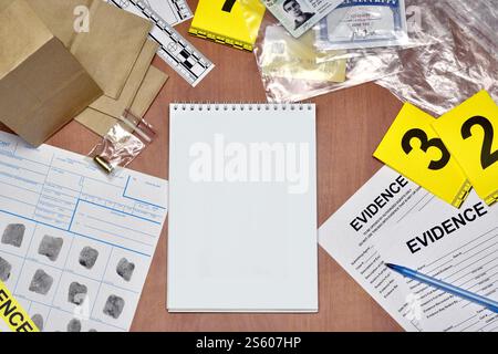 Papierkram während der Tatortuntersuchung im csi-Labor. Beweisetiketten mit Fingerabdruckantragsteller und vielen konfiszierten persönlichen Gegenständen Stockfoto