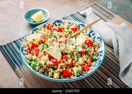 Eine Schüssel frischer Tabbouleh-Salat mit gehackten Tomaten, Gurken und Petersilie Stockfoto