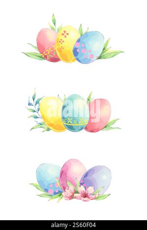 Set von Aquarellen osterkompositionen bestehend aus farbigen Eiern, Mandelblüten, Kirschblüten und frischen grünen Blättern. Elemente perfekt für festliche Veranstaltungen Stockfoto