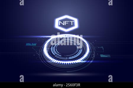 NFT-Banner für nicht fungible Token. Kryptowährung, Blockchain, futuristisches Vektor-Landing-Page-Konzept Stockfoto