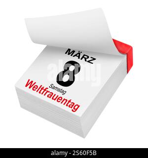 Deutscher Kalender 2025 März 8 Samstag internationaler Frauentag isoliert auf weißem Hintergrund Stockfoto