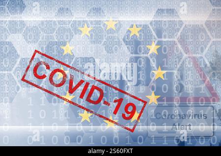 eu-Flagge und futuristische digitale abstrakte Komposition mit COVID-19-Inschrift. Coronavirus-Ausbruchskonzept. Flagge der Europäischen union und Stockfoto