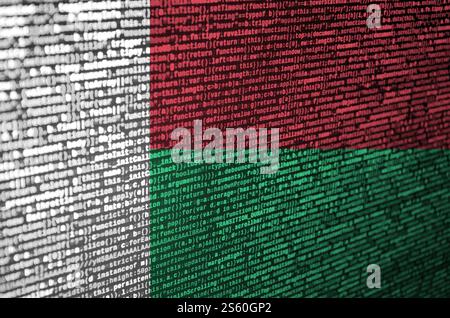 Madagaskar-Flagge wird auf dem Bildschirm mit dem Programmcode dargestellt. Das Konzept der modernen Technik und der Standortentwicklung. Madagaskar-Flagge ist abgebildet Stockfoto