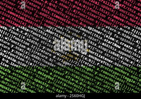 Die Flagge Tadschikistans wird auf dem Bildschirm mit dem Programmcode dargestellt. Das Konzept der modernen Technik und der Standortentwicklung. Die Flagge Tadschikistans ist abgebildet Stockfoto