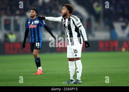 Bergamo, Italien. Januar 2025. Weston McKennie von Juventus FC Gesten während des Fußballspiels der Serie A zwischen Atalanta BC und Juventus FC im Gewiss-Stadion am 14. Januar 2025 in Turin. Quelle: Marco Canoniero/Alamy Live News Stockfoto