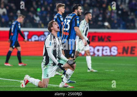 Bergamo, Italien. Januar 2025. Kenan Yildiz von Juventus FC reagiert 2024/25 im Gewiss Stadion auf das Fußballspiel der Serie A zwischen Atalanta BC und Juventus FC Stockfoto