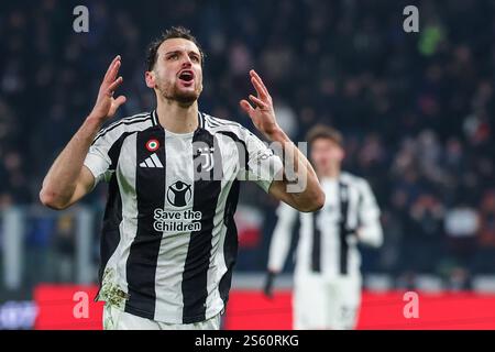 Bergamo, Italien. Januar 2025. Federico Gatti von Juventus FC wurde 2024/25 während des Fußballspiels der Serie A zwischen Atalanta BC und Juventus FC im Gewiss Stadion gesehen. Credit: dpa/Alamy Live News Stockfoto