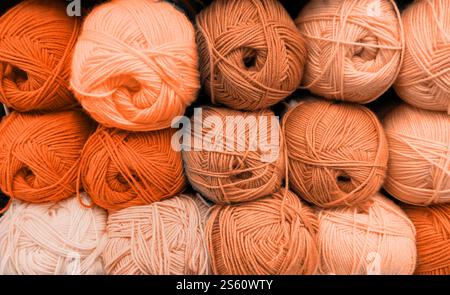 Colorful of Yarn Balls Wool in a Fabric Shop. Background from colored acrylic yarn. Materials for needlework, for knitting and crocheting.  Stockfoto