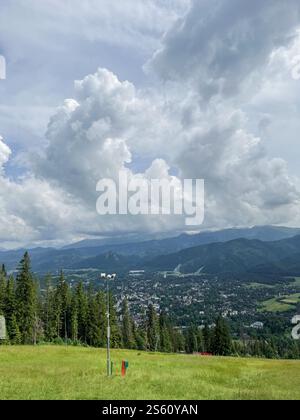 Blick auf die Berge mit bewachsenem Gras und Bäumen, die Stadt ist in der Ferne sichtbar. Tatra - Polen, vertikal Stockfoto