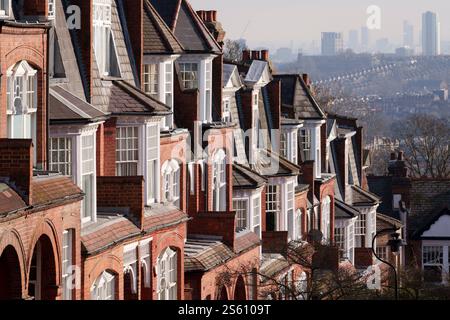 In Richtung Osten in Richtung Newham liegen Wohnhäuser und Grundstücke in Muswell Hill im Norden Londons am 14. Januar 2025 in London. Stockfoto