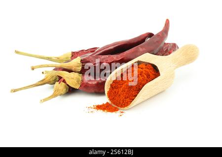 Chili-Pulver in Holzlöffel mit roten getrockneten Chili-Paprika isoliert auf weißem Hintergrund Stockfoto