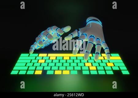 Weiße Roboterhände, die auf grüner und gelber Neonlicht-Tastatur auf schwarzem Hintergrund tippen. Künstliche Intelligenz als Geschäfts- und Arbeitsassistent Stockfoto