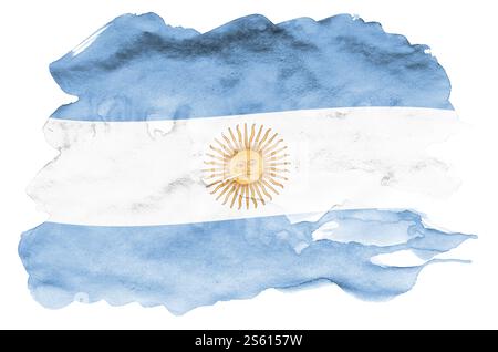 Die argentinische Flagge ist in flüssigem Aquarell auf weißem Hintergrund dargestellt. Unvorsichtige Farbschattierung mit Bild der Nationalflagge. Unabhängigkeit Stockfoto