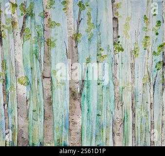Viridianischer grüner Birkenwald mit hellen Farben. Die Dabbing-Technik in der Nähe der Kanten sorgt aufgrund der veränderten Oberflächenrauheit von für einen weichen Fokus Stockfoto