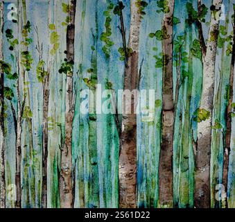 Viridianischer grüner Birkenwald mit hellen Farben. Die Dabbing-Technik in der Nähe der Kanten sorgt aufgrund der veränderten Oberflächenrauheit von für einen weichen Fokus Stockfoto