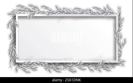 White Frame Frozen Tigs Header Weihnachtsbanner mit Zweigen, roten Kugeln und dem weißen Rahmen. Stockfoto