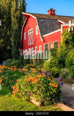 Eine rote Scheune mit einem weißen Dach und einem roten Dach. Die Scheune ist von einem Garten mit Blumen und Büschen umgeben Stockfoto