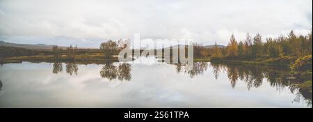 Ruhiger, reflektierender See mit Herbstbäumen im Thingvellir-Nationalpark, Island. Stockfoto