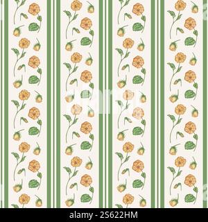 Ein zartes, nahtloses Muster mit gelben Bratschenblüten und vertikalen grünen Streifen, die von Hand bemalt wurden. Klassischer Landhausstil mit Blumenmuster für Tapeten und Stoff. Stockfoto
