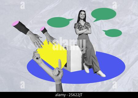 Poster Trendskizze Vorlage 3D Foto Collage der jungen Dame sitzen chatten Sprache Wolke Nachricht viele Hände halten Figur Finger Punkt Stockfoto