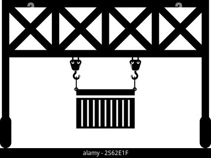 Hafenlader Eisenbahnkran mit Frachtcontainer Hebegut Logistiktechnologie Terminalservice Symbol schwarze Farbe Vektor Illustration flache Stil einfaches Bild. Hafenlader Eisenbahnkran mit Frachtcontainer Hebegut Logistiktechnologie Terminalservice Symbol schwarze Farbe Vektor Illustration flache Stil Bild Stock Vektor
