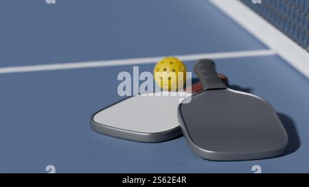 Ausrüstung zum Spielen von Pickleball auf einem Platz, mit Paddeln und einem gelben Ball. 3D-Rendering Stockfoto
