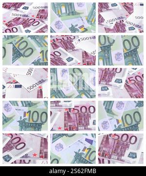 Eine Collage aus vielen Bildern von Hunderte von Dollar und Euro Rechnungen in einem Haufen Lügen Stockfoto