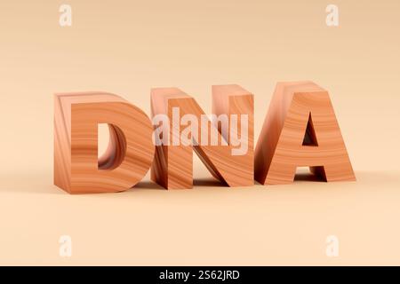Luxuriöse Holzbeschriftung DNA auf grauem Podium, weiches Licht, glatter Hintergrund, 3D-Rendering-Illustration Stockfoto