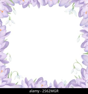 Blumenrahmen von Krokussen und Schneeglöckchen isoliert auf weißem Hintergrund. Aquarell-Frühlingsillustration für Druckdesign Stockfoto