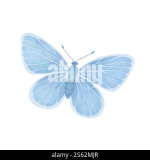 Blauer Schmetterling. Handgezeichnete Aquarellillustration auf weißem Hintergrund. Ästhetisches Clipart für Einladungen, Grüße und Postkartendesign. Stockfoto