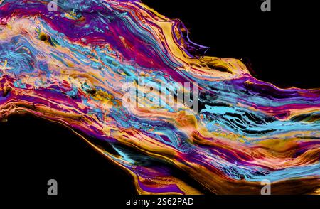 Abstrakte bunte Farbe wie ein farbiger Fluss, orange, blau, lila, rot, gelb, rosa. Schwarzer Hintergrund. Luxuriöses Hintergrunddesign, Illustration Stockfoto