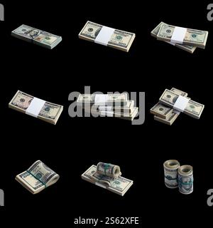 Große Bündel von US-Dollar-Scheinen isoliert auf Schwarz. Collage mit vielen Päckchen amerikanischen Geldes mit hoher Auflösung auf perfektem schwarzem Hintergrund Stockfoto