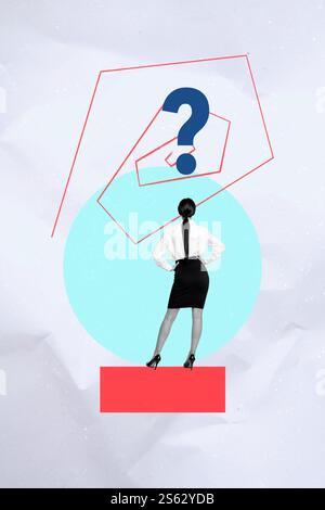 SkizzenComposite 3D-Fotocollage Trendkunstwerk der jungen Dame Stand Back Frage Geist kreativ finde Antwort Büromanager Personalbeschaffung Stockfoto