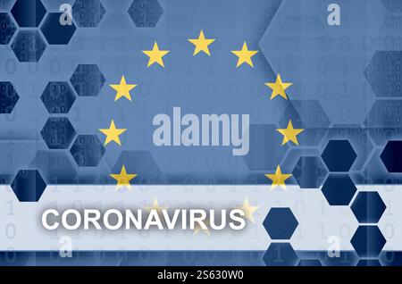 eu-Flagge und futuristische digitale abstrakte Komposition mit Coronavirus-Inschrift. COVID-19-Virusausbruchskonzept. Flagge der Europäischen union Stockfoto