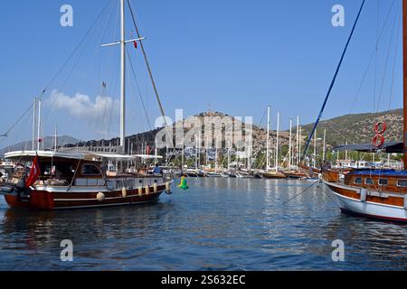 Von der Hauptpromenade im Hafen von Bodrum aus kann man die traditionellen Gulets, die in der Türkei vertäut sind, beobachten. Stockfoto