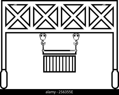 Hafenlader Eisenbahnkran mit Frachtcontainer Hebegut Logistiktechnologie Terminalservice-Symbol Umriss schwarze Farbe Vektor-Illustration flache Stil einfaches Bild. Hafenlader Eisenbahnkran mit Frachtcontainer Hebegut Logistiktechnologie Terminalservice-Symbol Umriss schwarze Farbvektor-Illustration flaches Bild Stock Vektor