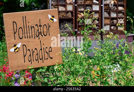 Pollinator Paradise Schild in einem Garten mit Blumen und Insektenhotel im Hintergrund Stockfoto