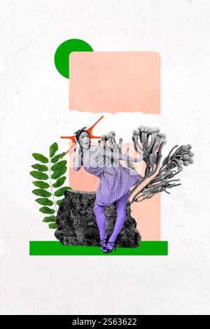 Composite Sketch Bild Design Trend Artwork Collage der jungen Frau Pinup Stil Tanz Wow Gesicht Natur im Freien Pflanze Blätter Steinstein Stockfoto