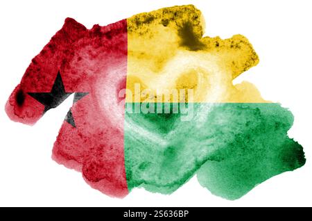 Guinea-Bissau-Flagge ist in flüssigem Aquarell dargestellt, isoliert auf weißem Hintergrund. Unvorsichtige Farbschattierung mit Bild der Nationalflagge. Stockfoto
