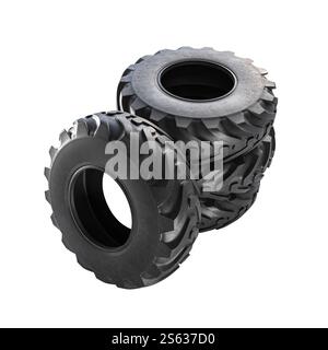 Vier große schwarze Traktorreifen isoliert auf transparentem Hintergrund 3D Stockfoto