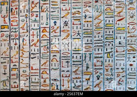 Nahaufnahme farbenfroher Hieroglyphen-Reliefgemälde im Grab von Ramses V und VI (Ramses V und VI) im Tal der Könige, Luxor West Bank, Ägypten. Ägypten Stockfoto