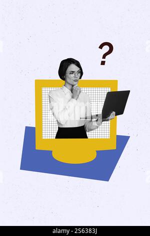 3D Collage Poster Vorlage Trend Grafik Skizze von Computer Monitor veraltete Online-Technologie virtuelles Gerät junge Dame denken Frage Stockfoto