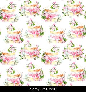 Nahtloses Muster einer Osterkulich, dekoriert mit Blumen, Band und Spitze, sowie Vogeleiern und Frühlingsblumen. Das Muster ist in zarten Pastelltönen gehalten und sorgt für ein Gefühl von Urlaub und Frühling. Das Muster eignet sich für die Gestaltung von Verpackungen, Textilien, Karten und anderen festlichen Elementen Stockfoto