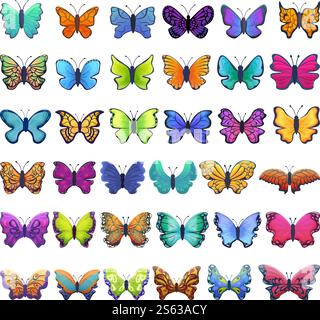 Schmetterlingssymbole gesetzt. Zeichentricksatz von Schmetterlingsvektorsymbolen für Webdesign. Schmetterlingssymbole Set, Zeichentrickstil Stock Vektor