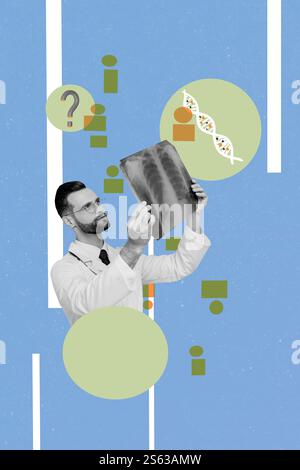3D Foto Collage Vorlage Trend Artwork Composite von jungen Mann Praktiker Hand halten Lungenröntgenuntersuchung Wissenschaft Gesundheitswesen Diagnose Stockfoto